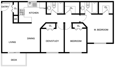 Floor plan for 2 beds, 2 baths, 1100 sqft